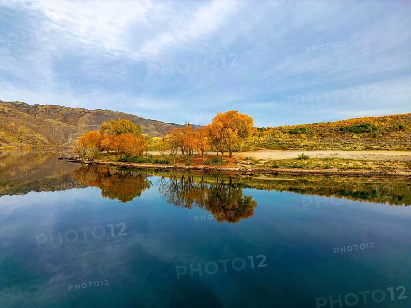 Aerial view capturing the serene beauty of Queenstown in autumn. The lake reflects the vibrant golden foliage and rugged hills, creating a breathtaking New Zealand landscape