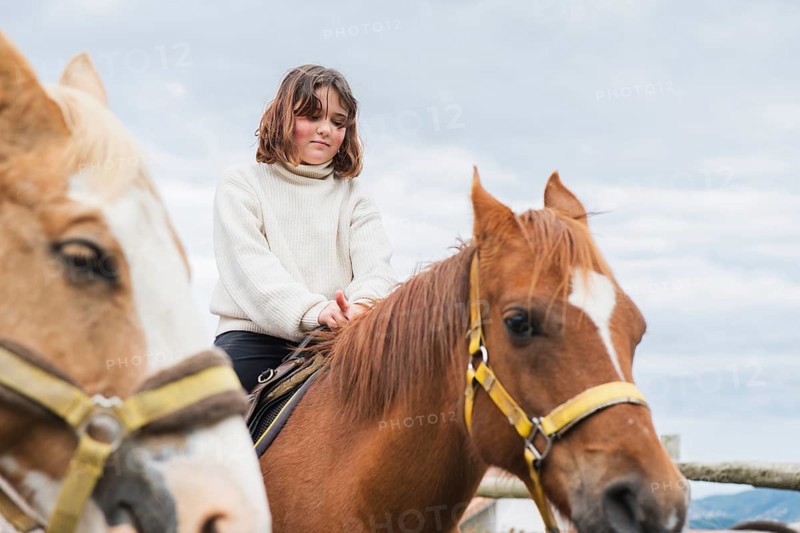 Young girl enjoying a peaceful day at the farm, sitting atop a horse. The clear sky and gentle surroundings make this a serene scene of rural life and connection with animals