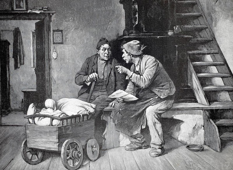 Two men discussing a newspaper article, sitting on the stove bench and taking care of a baby in a stroller, 1896, authentic, digitally restored reproduction from a 19th-century model, exact date of presentation unknown, historical, Two men talking vividly in a simple room next to a stroller