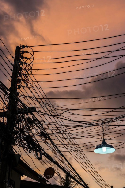 Cable, wiring, electricity, power supply, order, chaos, chaotic, electricity, electric, confusion, confusion, danger, dangerous, infrastructure, connection, chaotic, structure, thunderstorm, sky, dramatic, thunderstorm atmosphere, weather, technology, progress, supply, high voltage, dilapidated, light, lamp, power cable, lighting, Thailand