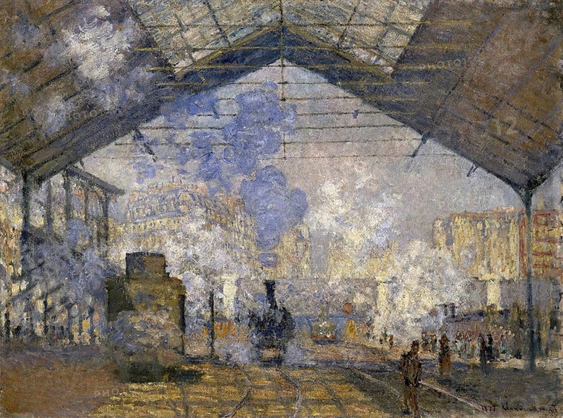 Claude Monet (b. 14 November 1840 in Paris as Oscar-Claude Monet, d. 5 December 1926) important French painter, Impressionist style. Here his work, The Saint-Lazare Station (1877), Trains and smoke fill a covered railway station in an urban setting