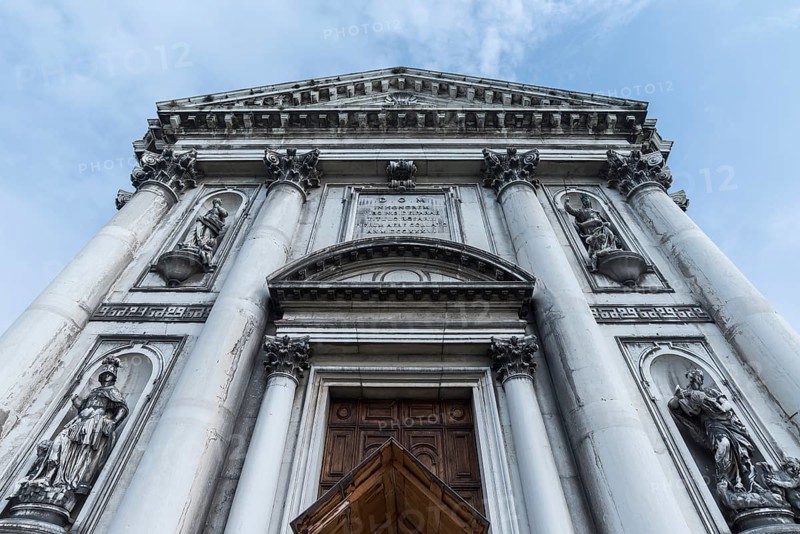 Allegories on the main façade of the church of Santa Maria del Rosario, 17th century, Venice, Veneto, Italy