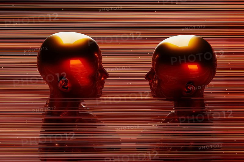 Two metal humanoids stand between illuminated lines representing the concept of artificial intelligence and modern technology in a dark background
