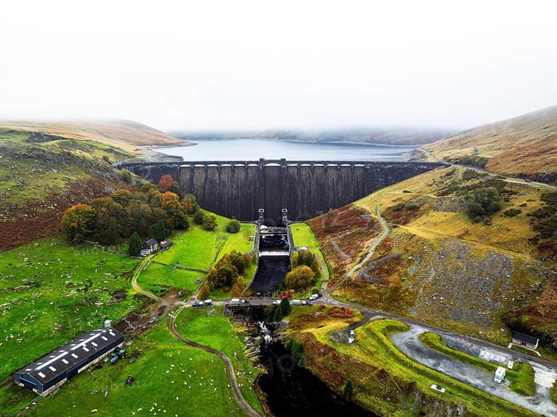 Autumn over Claerwen Dam, Claerwen Valley, Elan Valley Reservoir, Rhayader, Powys, Wales, UK
