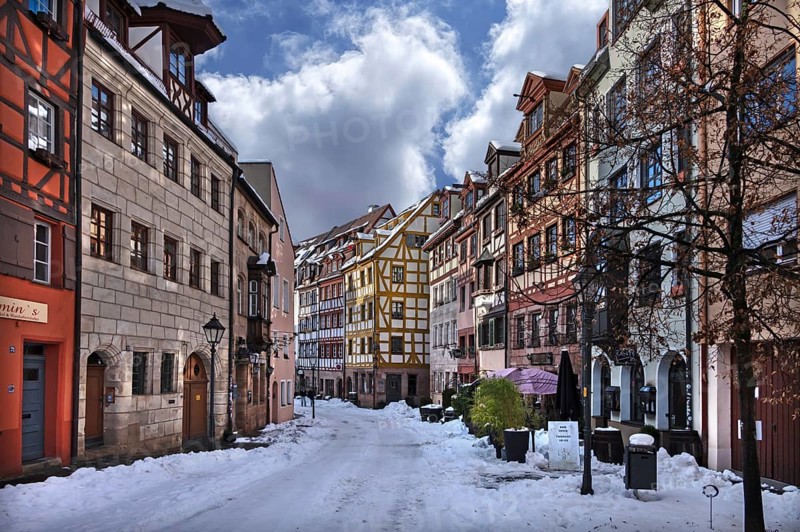 Historic half-timbered houses in Weißgerbergasse in winter, Nuremberg, Middle Franconia, Bavaria, Germany
