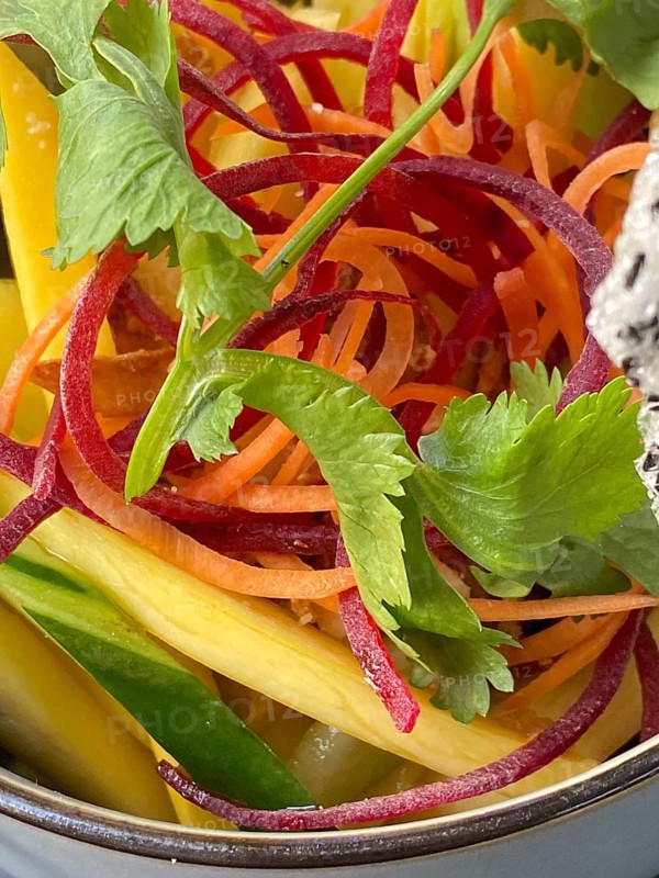 Asian dish, vegan, starter, mango salad, cucumber, soya chilli dressing, carrots, coriander, peanuts, sesame seeds, food, Stuttgart, Baden-Württemberg, Germany