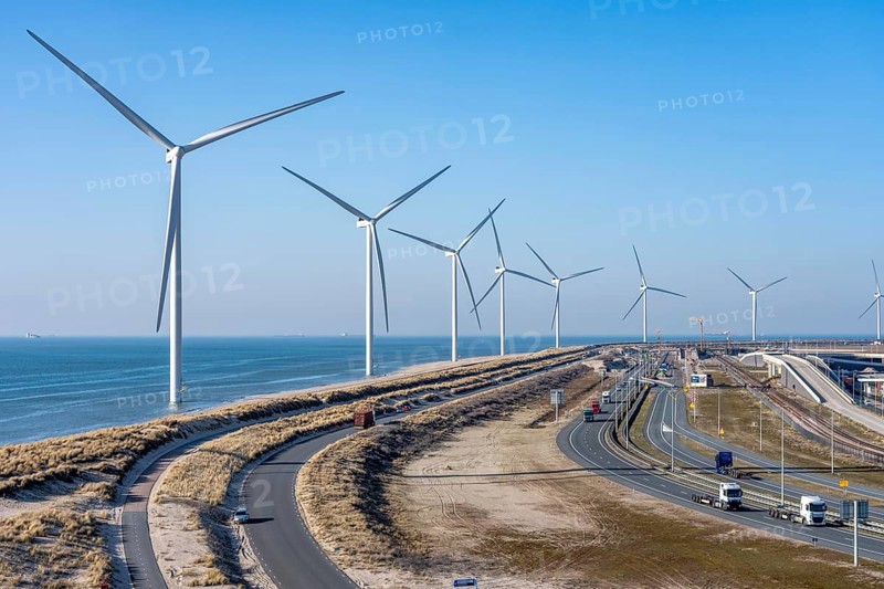 ENECO wind farm on the dike around the port of Maasvlakte 2, 22 wind turbines with an output of 116 megawatts, Rotterdam, the Netherlands