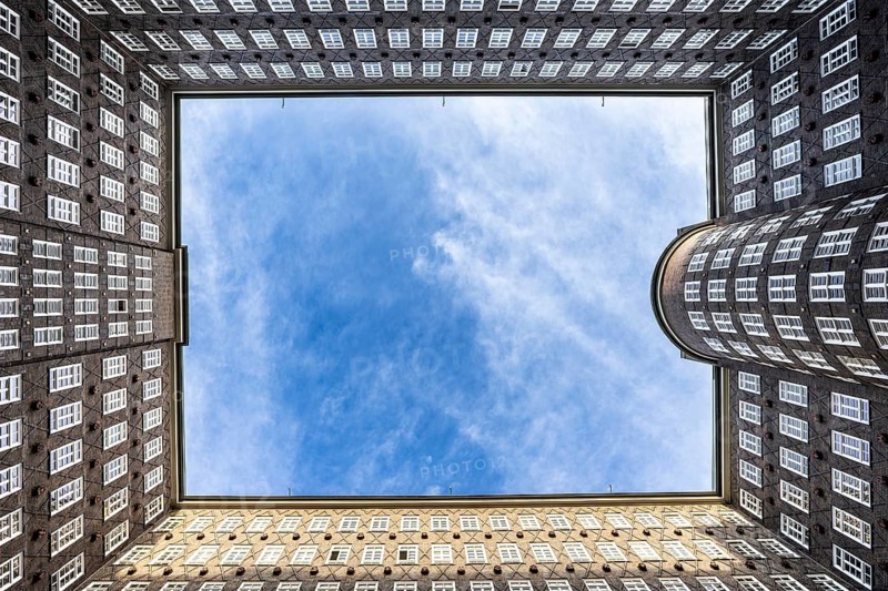 View of the sky in the courtyard of the Chilehaus in the Kontorhausviertel, Hamburg, Germany
