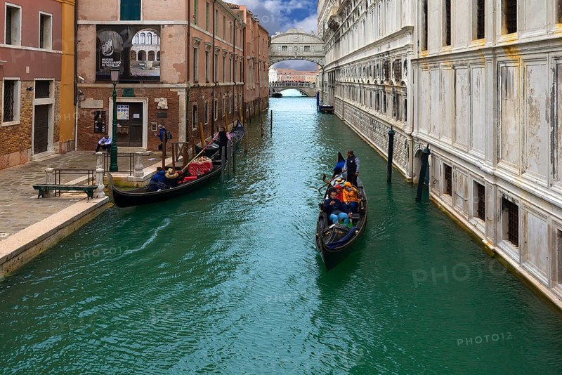 Gondola rides with tourists with the Bridge of Sighs in the back, Venice, Veneto, Italy