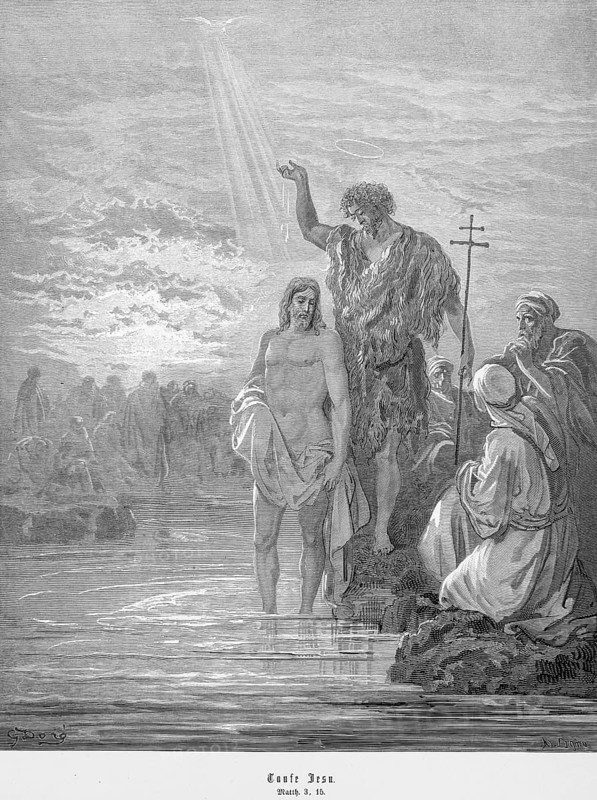 Baptism of Jesus, Jesus is baptized on the Jordan by John, Matthew, chapter 3, verse 15, will of God, ceremony, riverbank, staff, raised hand, bare, ray of light, Christian religion, Bible, New Testament, steel engraving Doré, historical illustration 1885