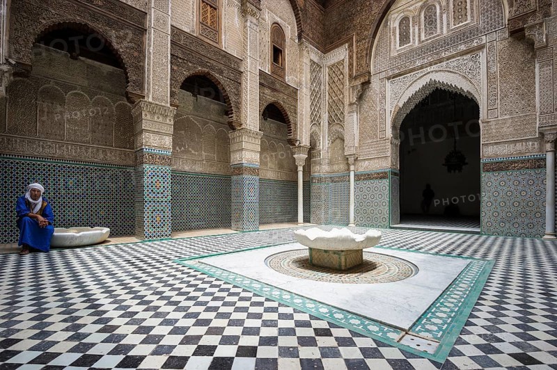 Courtyard of the Medersa Attarine Koran School, Fez El Bali, Medina, UNESCO World Heritage Site, Fez, Morocco