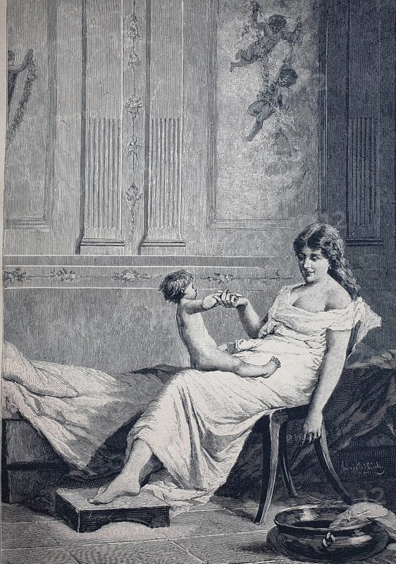 In the morning, mother with her baby in the bedroom, 1890, Germany, digital reproduction of an original from the 19th century, historical