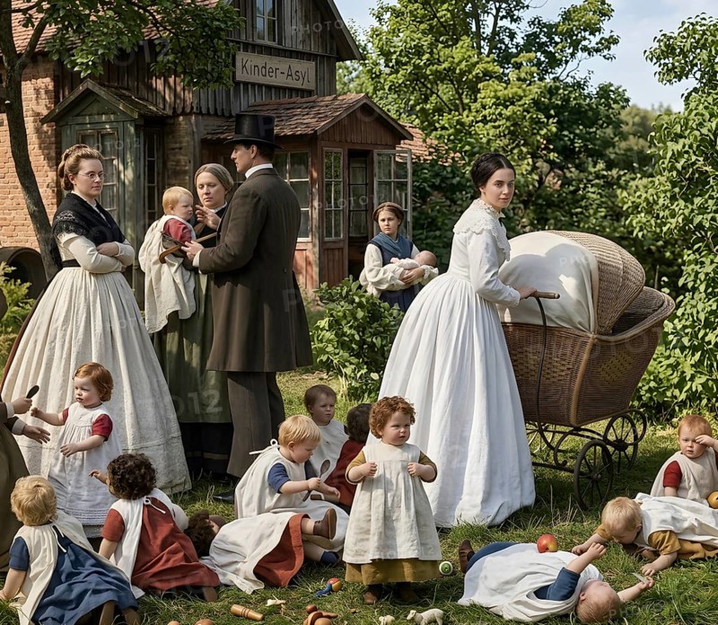 Employment center for young children, kindergarten since 1840, symbolic picture childcare, teaching, Fröbel, Bad Blankenburg, child-rearing, education, learning, Friedrich Wilhelm August Fröbel, pedagogy, education, historical illustration, digitally edited