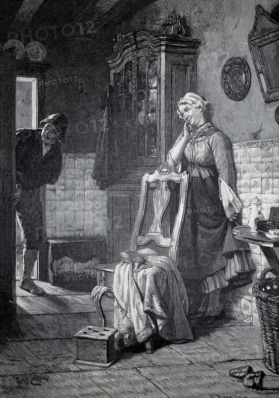 Hidden The daughter of the house hides behind the closet to tease her lover, 1890, illustration, reproduction from a model from the 19th century. Authentic, file restored for optimal use, exact date of submission unknown, Historical, A woman in the house is surprised by a man who shyly looks through the door