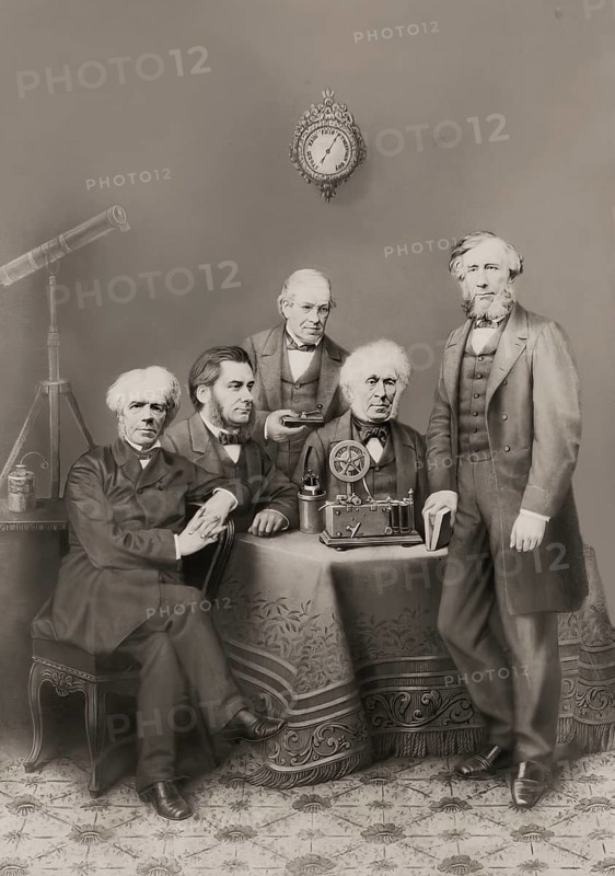 Scientists of the 19th century, (left to right) : Michael Faraday, Thomas Henry Huxley, Charles Wheatstone, David Brewster, John Tyndall, 1876