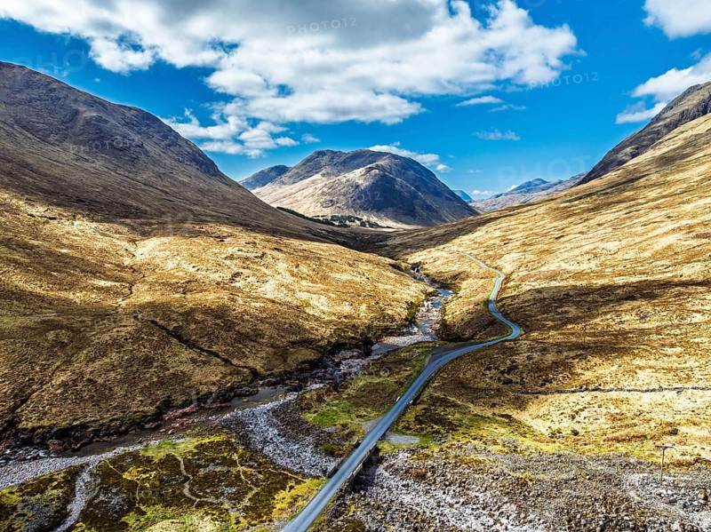 Mountains and Moors over Glen Etive Valley from a drone, Buachaille Etive Mòr, The Buachaille, Highlands, Scotland, United Kingdom