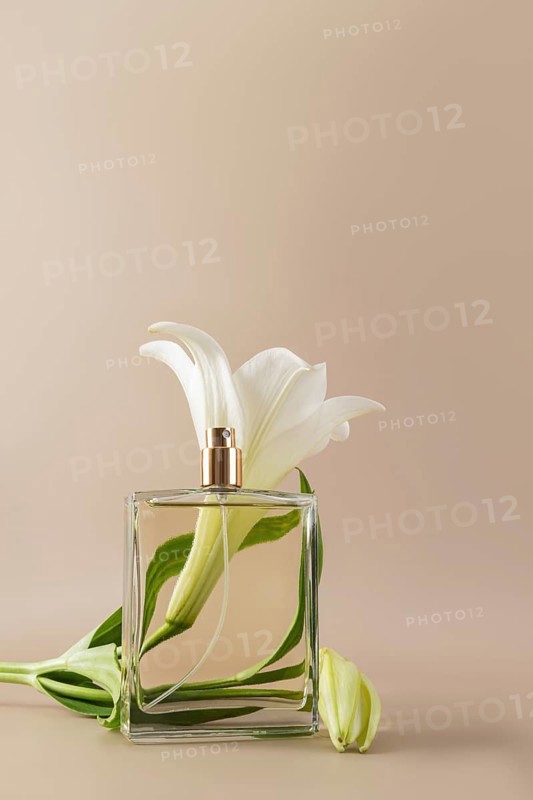 A minimalist perfume bottle elegantly paired with a white lily flower against a neutral background, highlighting sophistication and freshness in floral fragrance design