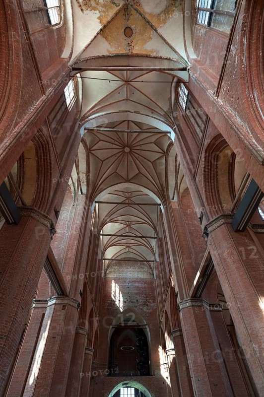 Interior with vault of St Georgen, Gothic brick building of the 14th century, under reconstruction, Wismar, Mecklenburg-Vorpommern, Germany