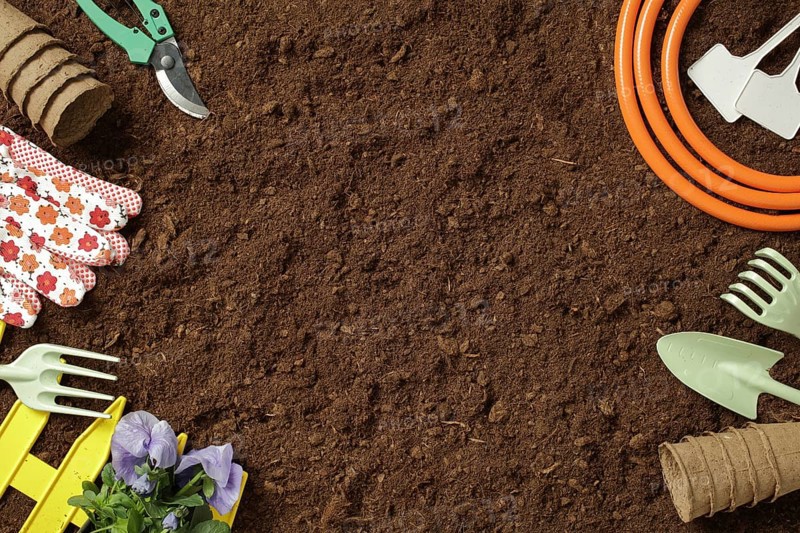 Various gardening tools and essentials, including gloves, a hose, and shovels, arranged on rich, brown soil, ready for planting flowers and maintaining a garden