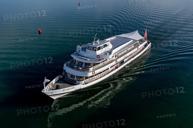 The passenger ship MS St. Gallen of the Schweizerische Lake Constance-Schifffahrt (SBS) with home port in Romanshorn sails on Lake Constance, Friedrichshafen, Bodenseekreis, Baden-Württemberg, Germany