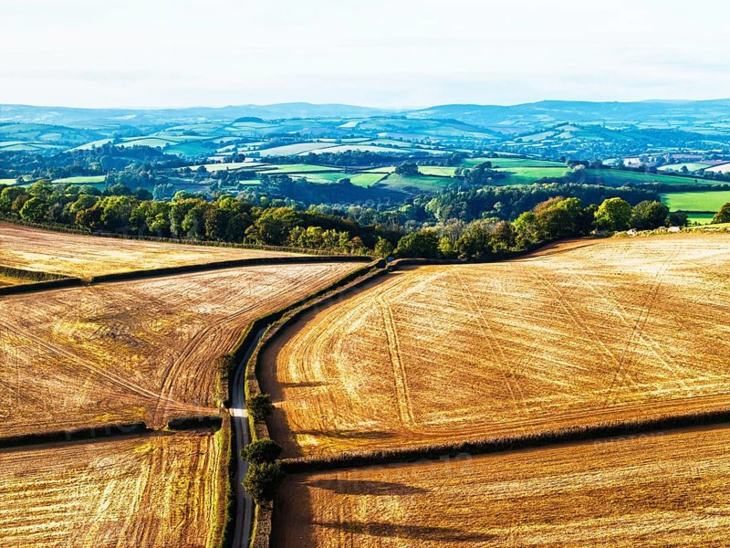 Colours of Devon Farms and Fields over Berry Pomeroy from a drone, Totnes, England, United Kingdom