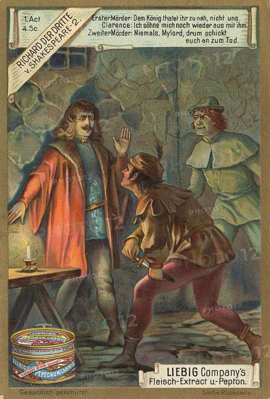 Series of pictures Richard the Third by Shakespeare, Liebig picture, digitally restored reproduction of a collector's picture from around 1900, public domain, exact date unknown, threatening scene with armed men in dark surroundings, in the middle of a fight