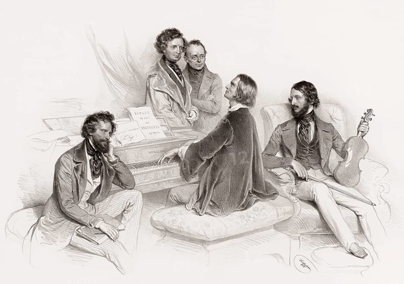A matinee at Liszt's, 1846, from left, musicians and composers Kriehuber, Hector Berlioz, Carl Czerny, Franz Liszt, Heinrich Wilhelm Ernst, historical drawing after Josef Kriehuber