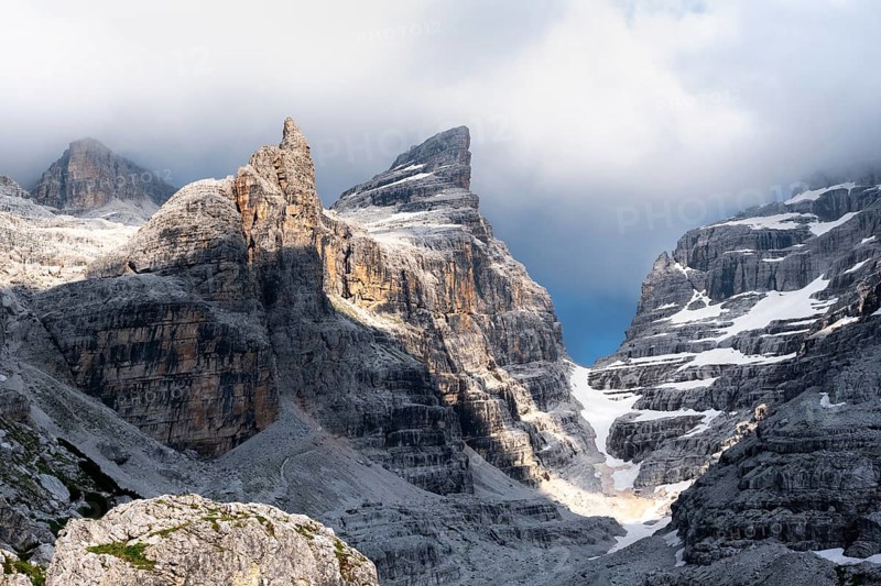 Mountain valley, Castelletto Superiore and Cima Sella peaks, back Scharte Bocca di Tuckett, dramatic atmosphere in the Brenta Mountains, Brenta, Brenta-Adamello Natural Park, Trentino, Italy