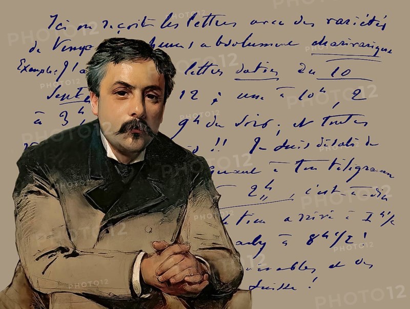Portrait of Gabriel Fauré, 1845-1924, French composer, digitally edited according to a photograph by Pierre Petit, 1905, letter from Gabriel Fauré to Marie Fauré-Frémiet