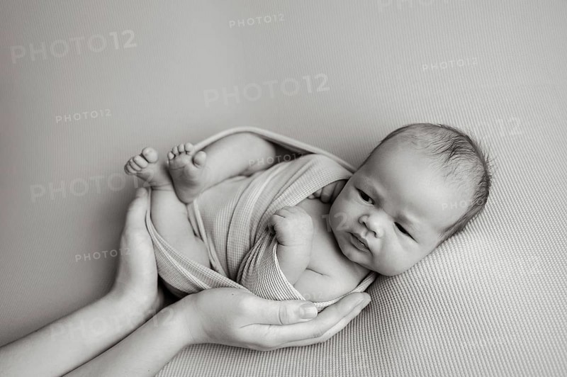 Cropped unrecognizable parent hands holding of a newborn baby securely . The baby appears calm and is wrapped in a light fabric, with a slight frown, providing a serene and tender moment captured in monochrome