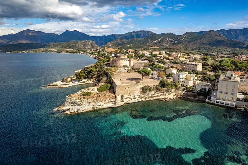 Old town and citadel of Saint-Florent seen from above, Corsica, France