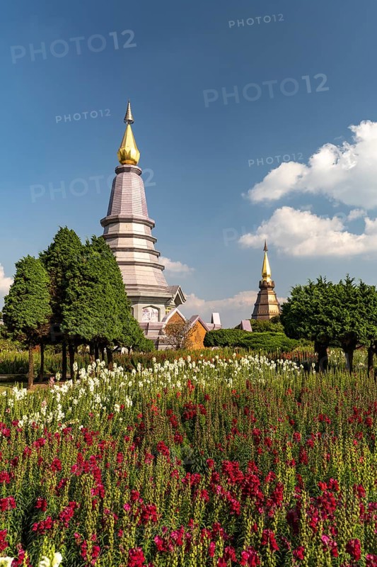 Chedis of the royal pagodas Phra Maha Dathu Nabha Metaneedol and Nabhapol Bhumisiri in Doi Inthanon National Park near Chom Thong, Chiang Mai, Thailand