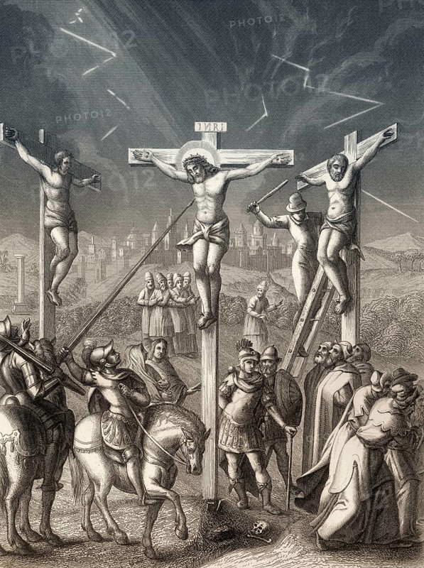 Crucifixion of Jesus, Mount Calvary, Jerusalem, New Testament, steel engraving 1853, digitally restored