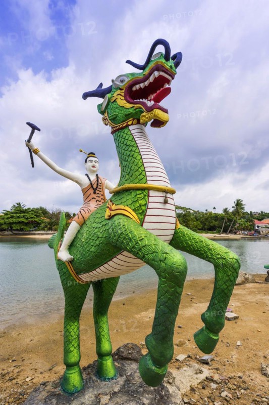 Sculptures at Wat Phra Yai, Buddhist temple, religion, Buddhism, figure, statue, sculpture, worship, God, sacred, world religion, spiritual, Buddha, Asian, deity, dragon, human figure, image, religious, travel, tourism, art, history, cultural history, cult, icon, public, Koh Samui, Thailand