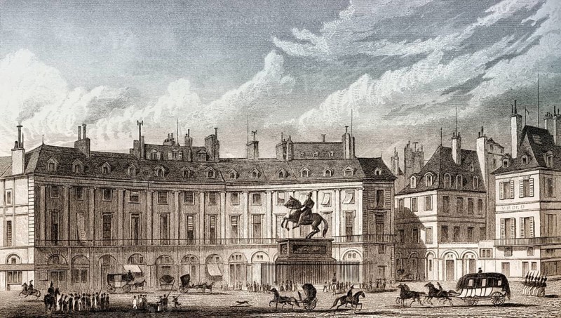 Place des Victoires with statue of Louis XIV., Paris, antique steel engraved print, 1831