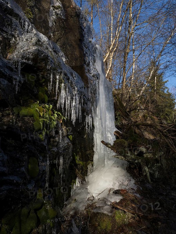 Icicle on a rock face, Höllental, Upper Franconia, Germany