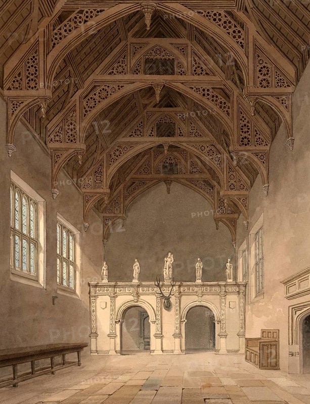 Interior View of the Hall at Rushton, Northamptonshire, England, digitally restored reproduction of a 19th-century original by John Buckler, Record date not stated, Interior View of the Hall at Rushton, digitally restored reproduction of a 19th-century original, Record date not stated