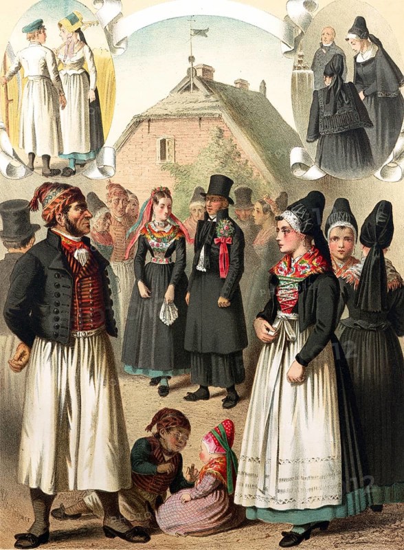 Traditional costumes in Germany around 1820, Province of Rügen, Mönchgut, woman and men in traditional, historical clothing with headgear in a group picture, digitally retouched reproduction of a model from around 1850, by Albert Kretschmer (27 February 1825, 11 July 1891), German painter and traditional costume expert
