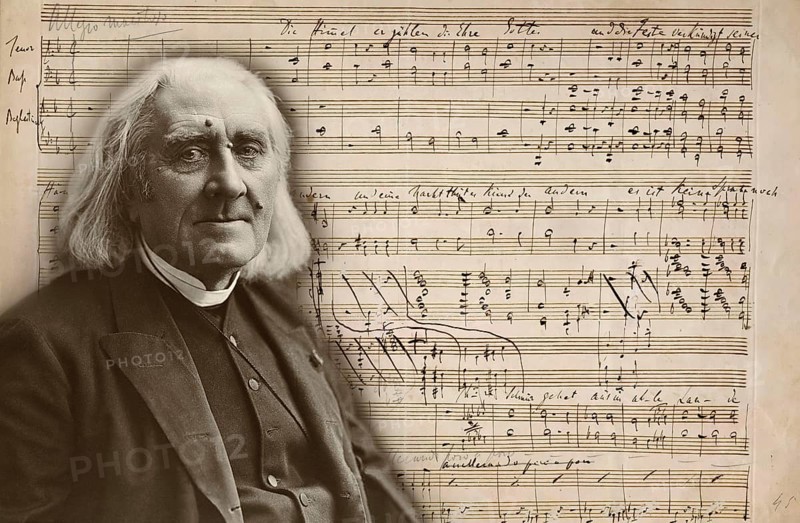 Portrait of Franz Liszt, 1811-1886, Hungarian composer, virtuoso pianist, photograph by Nadar, Psalm XVIII, Die Himmel erzählen die Ehre Gottes, manuscript in Liszt's handwriting