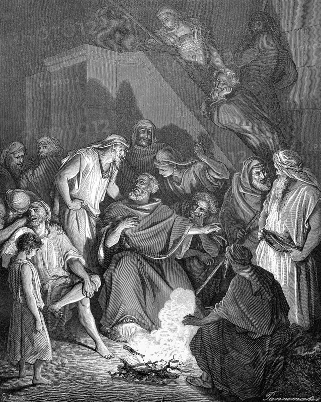 The denial of Jesus from Galilee by Peter, Matthew chapter 26, verse 69, denying, lying, falsehood, betrayal, Jesus, group, fire, servant, speaking, stairs, three times, prophecy, Christian religion, Bible, New Testament, steel engraving Doré, historical illustration 1885