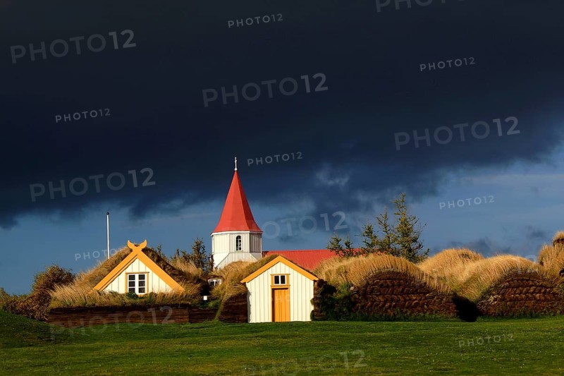 Iceland, Europe, glaumbär, church and houses