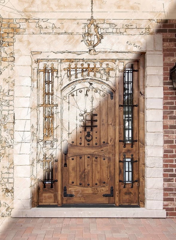 Artist Rendering Sketch of Beautiful Luxury Residential Front Door with Photographic Cross Section Showing Completion