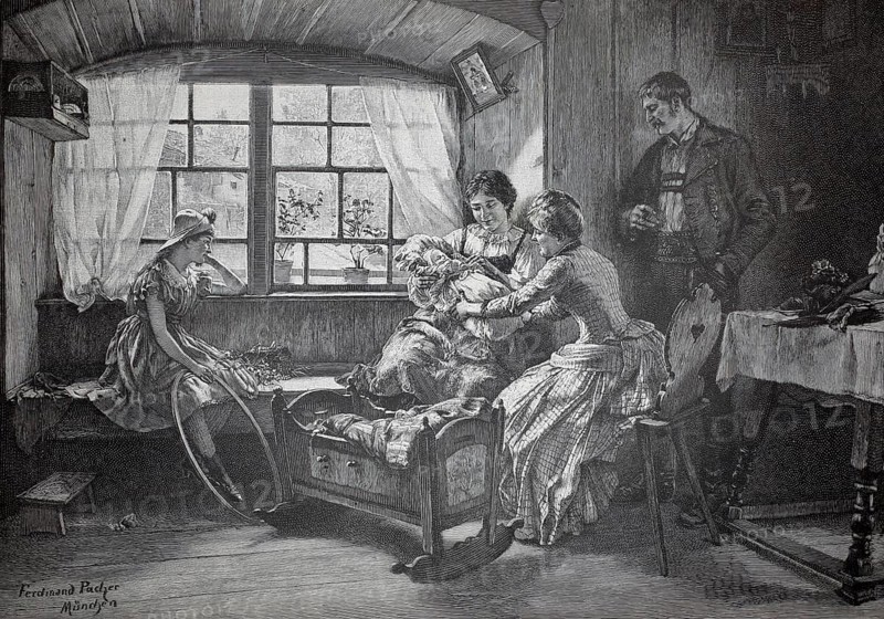 Visiting the mother with her newborn. The guests admire the baby they have lifted from the cradle, Bauenhaus, 1890, Germany, authentic, digitally restored reproduction from a 19th century model, exact date of depiction unknown, historical, family united in the living room, with loving interactions in a cozy interior