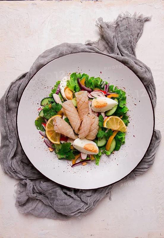 Salad of squid and vegetables, with egg, homemade, no people