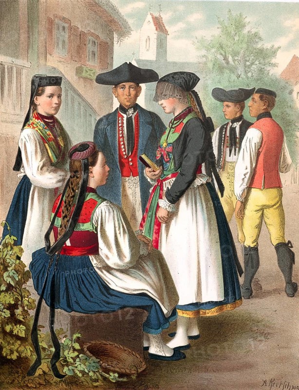 Traditional costumes in Germany around 1820, Württemberg, Betzingen, group of people in traditional dress in front of a house in the village, digitally retouched reproduction of a model from around 1850, by Albert Kretschmer (27 February 1825, 11 July 1891), German painter and costumier