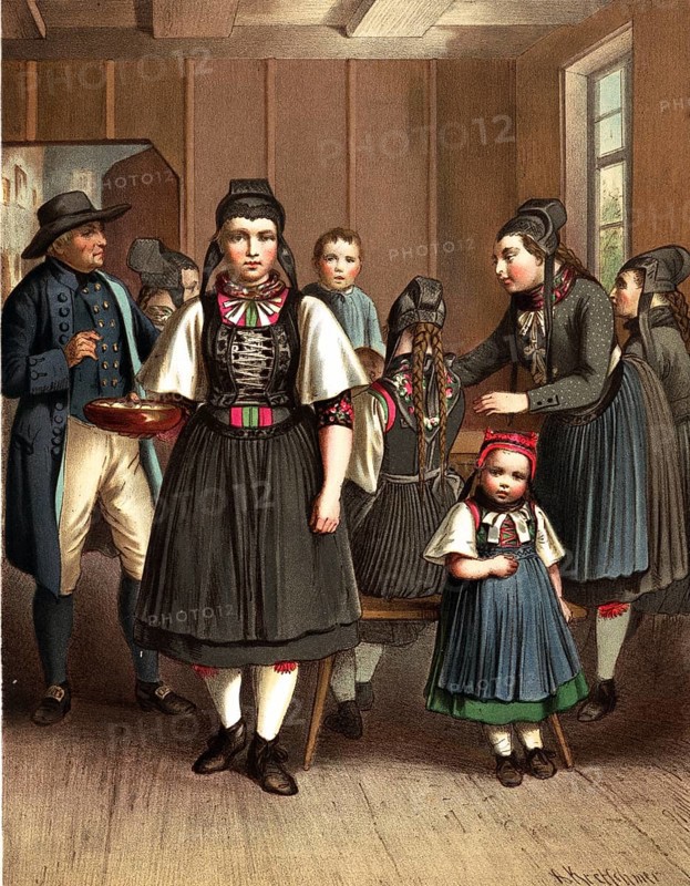 Traditional costumes in Germany around 1820, Grand Duchy of Hesse, Biedenkopf, group of people in traditional Bavarian traditional costume in an interior, digitally retouched reproduction of a model from around 1850, by Albert Kretschmer (27 February 1825, 11 July 1891), German painter and costume expert