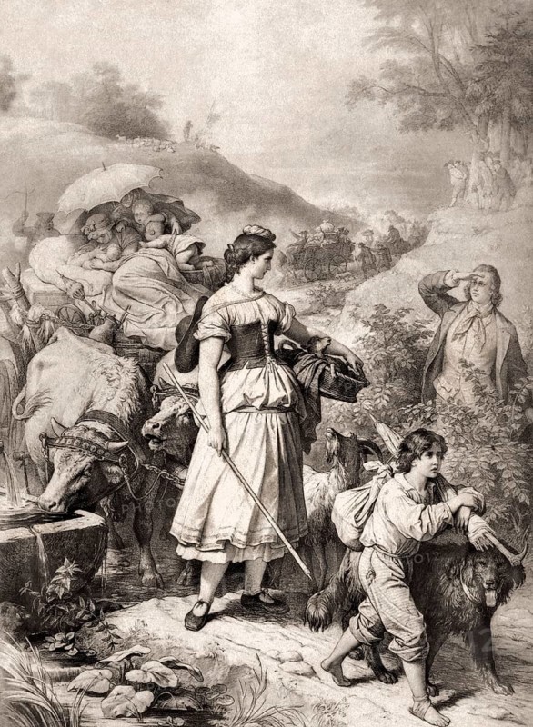 Hermann meets Dorothea on her flight, Hermann and Dorothea, an epic poem by Johann Wolfgang von Goethe, after Wilhelm von Kaulbach
