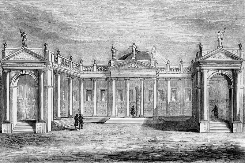 The Irish Parliament House was the first purpose-built bicameral parliament building in the world. It served as the seat of both Houses of the Irish Parliament for most of the 18th century until it was abolished by the Act of Union of 1800, when Ireland became part of the United Kingdom, digital reproduction of a historical template