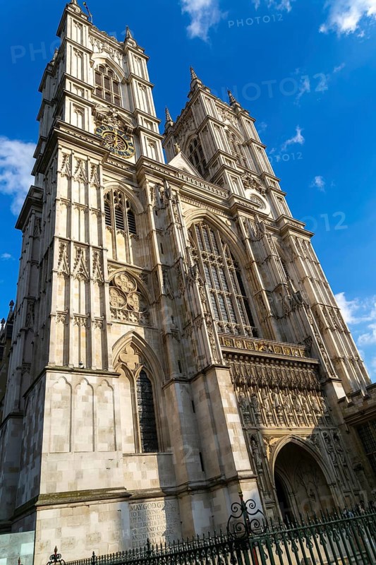 Towers and frontage of Westminster abbey church, Westminster, London, England, UK