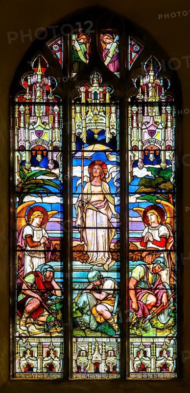 Stained glass east window of the Resurrection by Ward and Hughes c 1884, Theberton church, Suffolk, England, UK